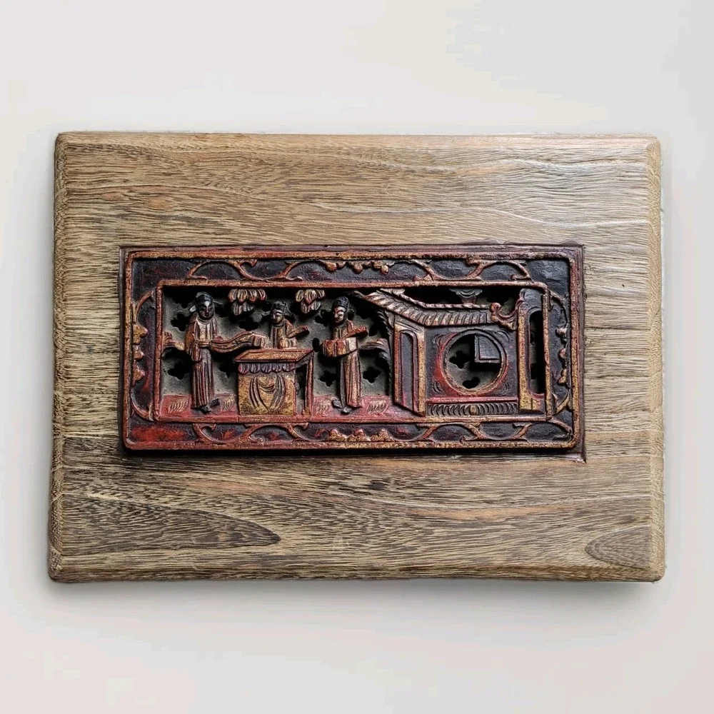 VTG Hand Carved Wood Trinket Box Asian Chinoiserie Relief Scene Jewelry Chest